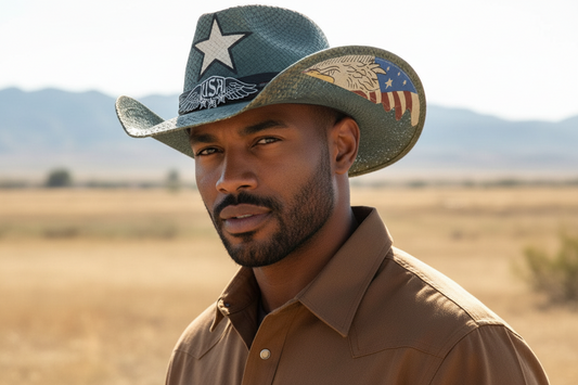 This western cowboy hat features a bold star and eagle motif with a classic curved brim and structured crown. Designed for patriotic events, festivals, country concerts, rodeos, and western themed outfits. 