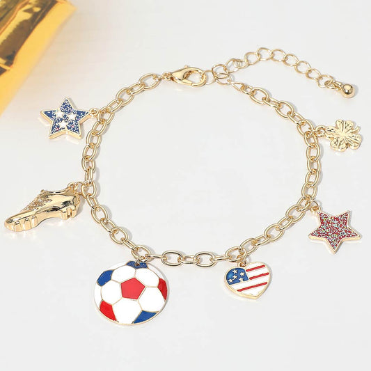 USA Soccer Ball Shoe Star Charm Station Bracelet