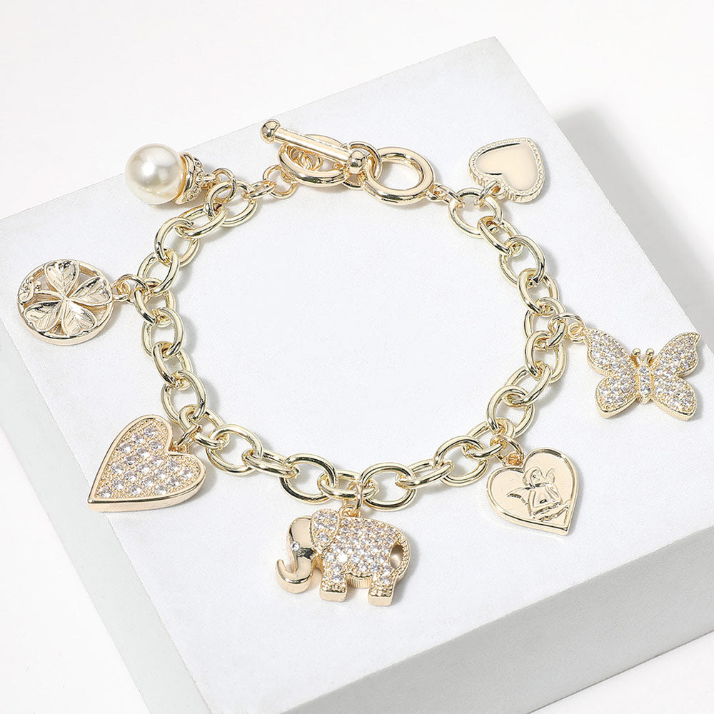 14K Gold Plated CZ Stone Paved Elephant Heart Butterfly HClover Pearl Charm Station Bracelet