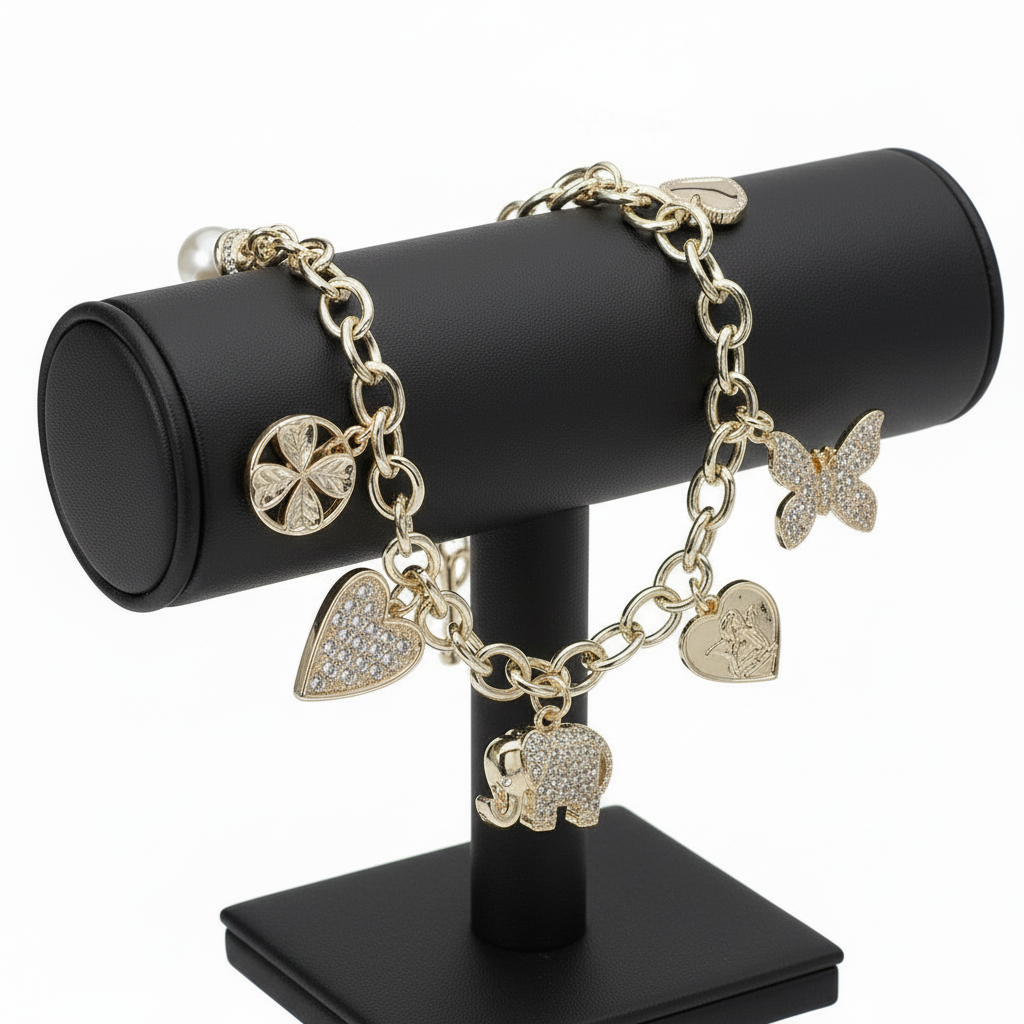 14K Gold Plated CZ Stone Paved Elephant Heart Butterfly Heart Clover Pearl Charm Station Bracelet