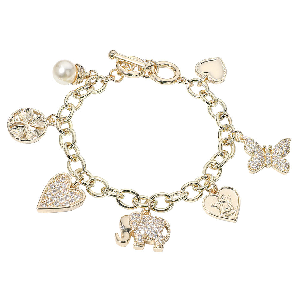 14K Gold Plated CZ Stone Paved Elephant Heart Butterfly Heart Clover Pearl Charm Station Bracelet