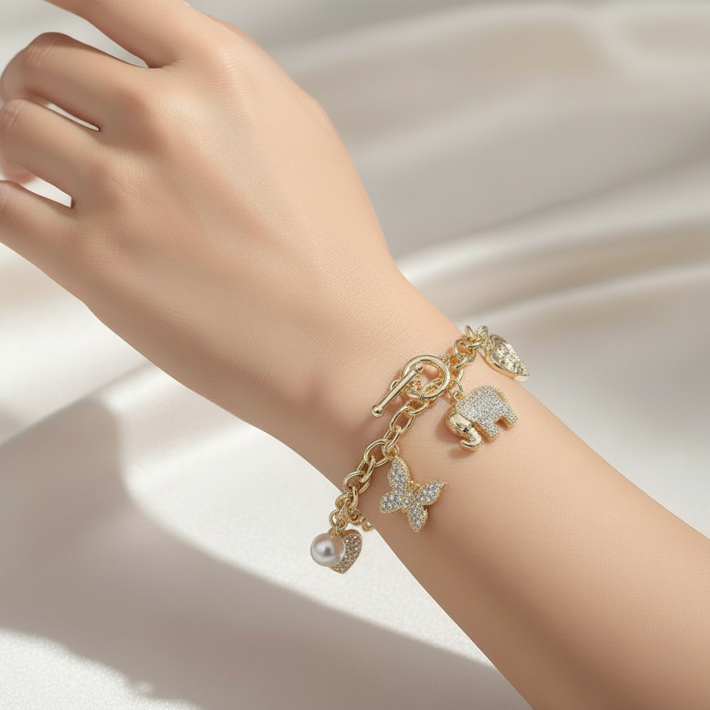 14K Gold Plated CZ Stone Paved Elephant Heart Butterfly Heart Clover Pearl Charm Station Bracelet