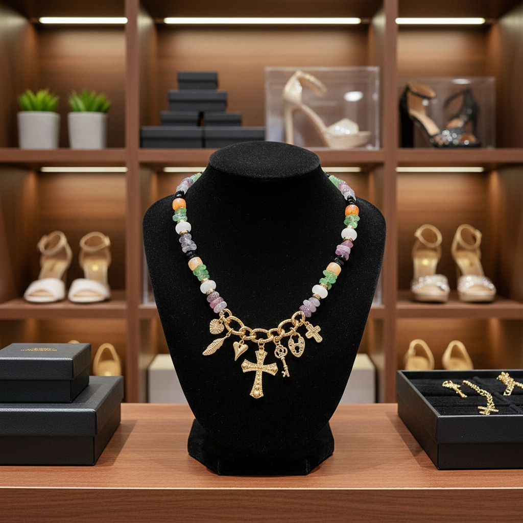 Cross Heart Key Leaf Charm multicolored Beaded Statement Necklace on a necklace bust in a jewelry and shoe closet. 