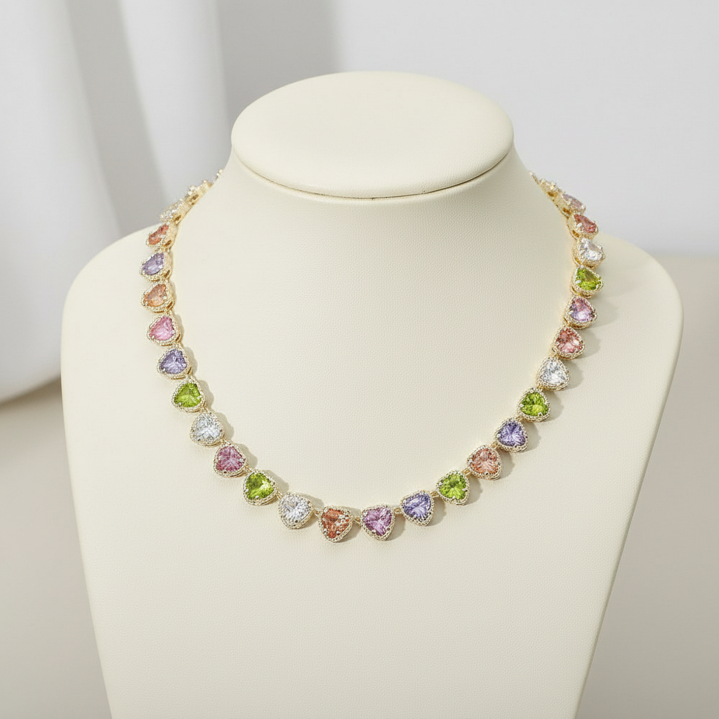 14K Gold Plated CZ Heart Stone Cluster Link Toggle Necklace