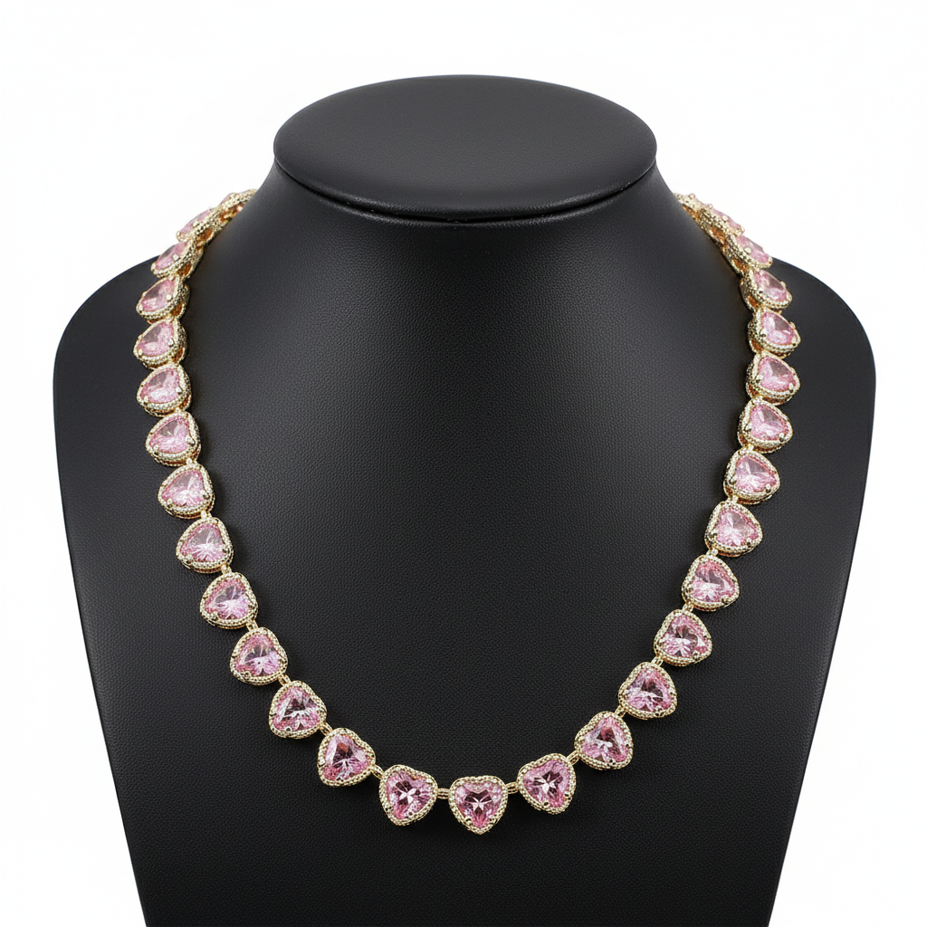 14K Gold Plated CZ Heart Stone Cluster Link Toggle Necklace