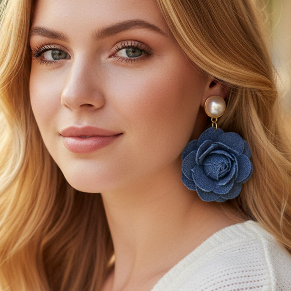 Pearl Stud Accent Denim Fabric Flower Dangle Earrings