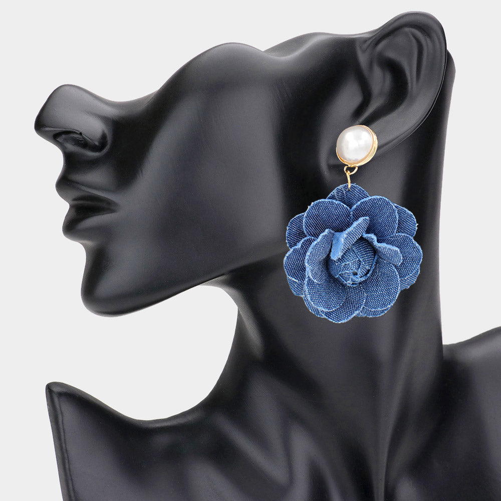 Pearl Stud Accent Denim Fabric Flower Dangle Earrings