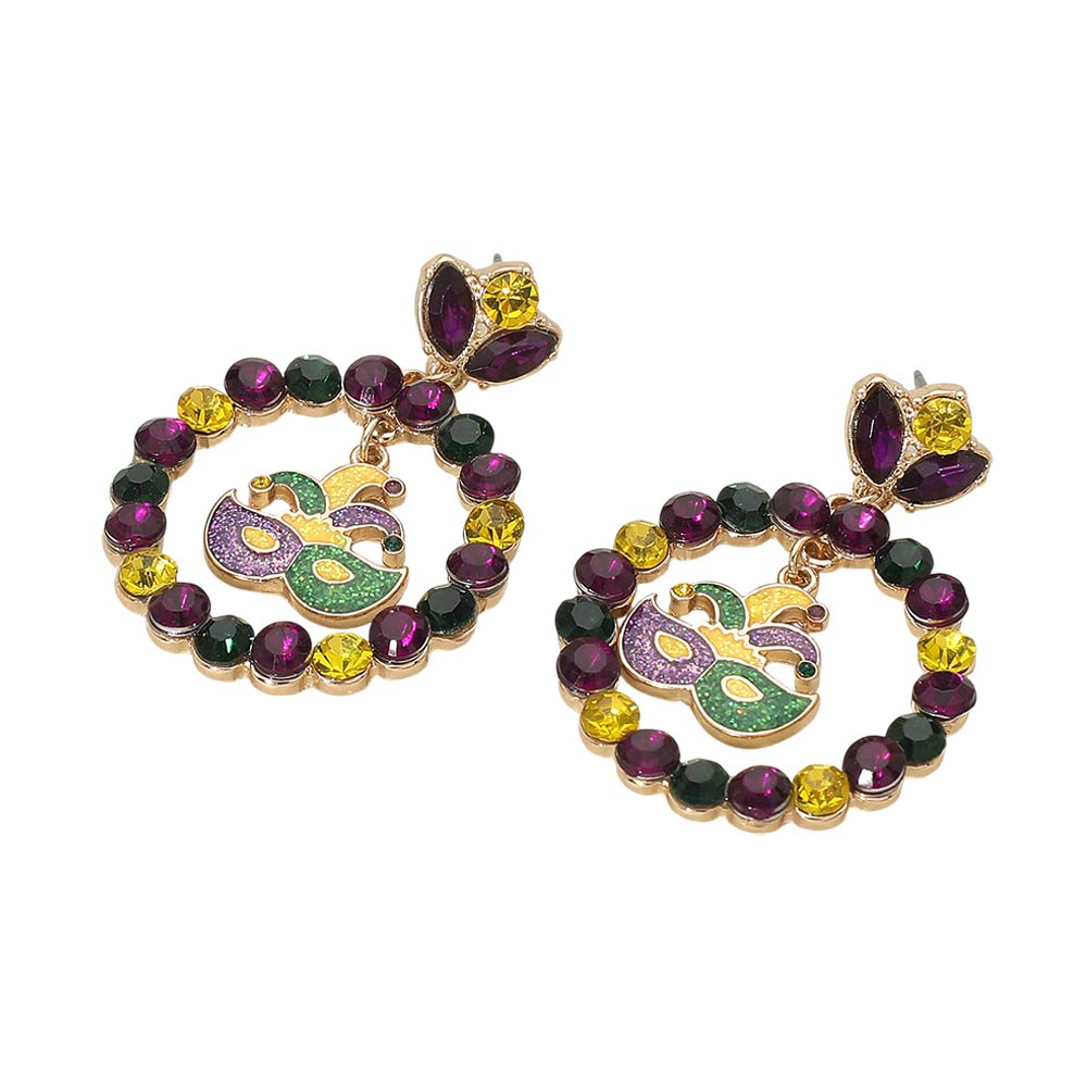 Mardi Gras Hoop Earrings Mask Charm Purple Green Gold