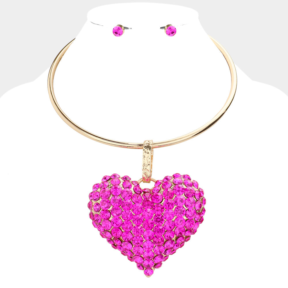 Heart Pendant Necklace & Stud Earrings Set – Pearl & Bubble Stone Cluster Variants