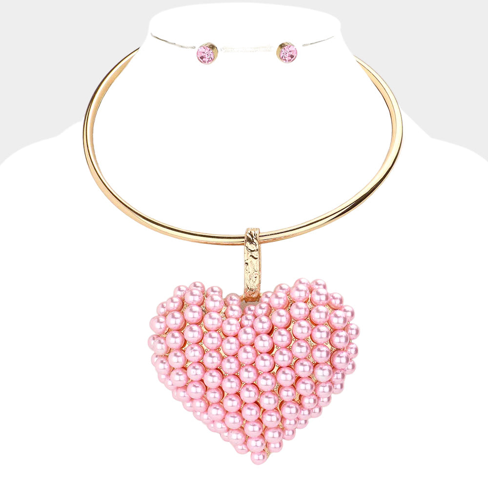 Heart Pendant Necklace & Stud Earrings Set – Pearl & Bubble Stone Cluster Variants