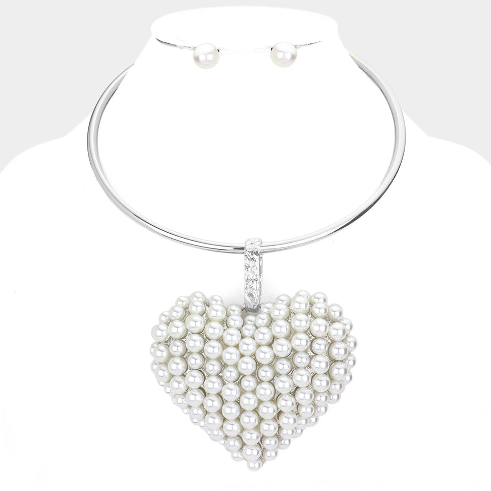 Heart Pendant Necklace & Stud Earrings Set – Pearl & Bubble Stone Cluster Variants