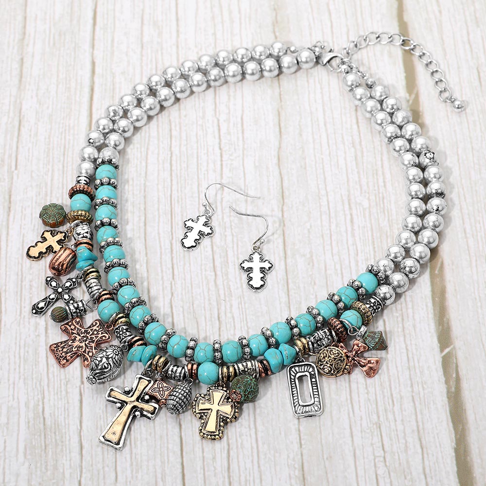 Boho Multi Cross Charm Turquoise Beaded Layered Statement Necklace