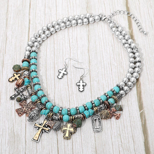 Boho Multi Cross Charm Turquoise Beaded Layered Statement Necklace