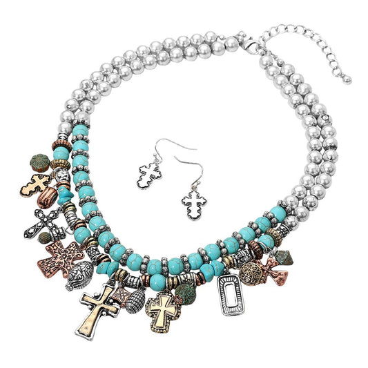 Boho Multi Cross Charm Turquoise Beaded Layered Statement Necklace