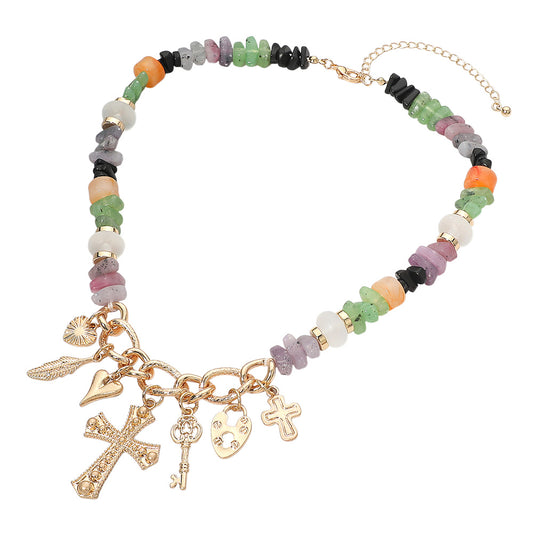 Cross Heart Key Leaf Charm Beaded Statement Necklace