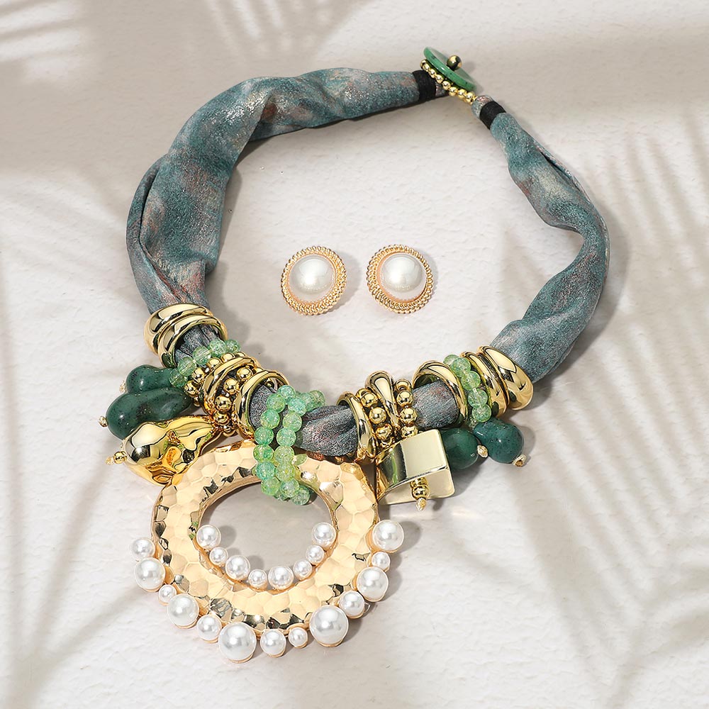Bold Pearl Embellished Ring Multi Beaded Fabric Scarf Statement Necklace