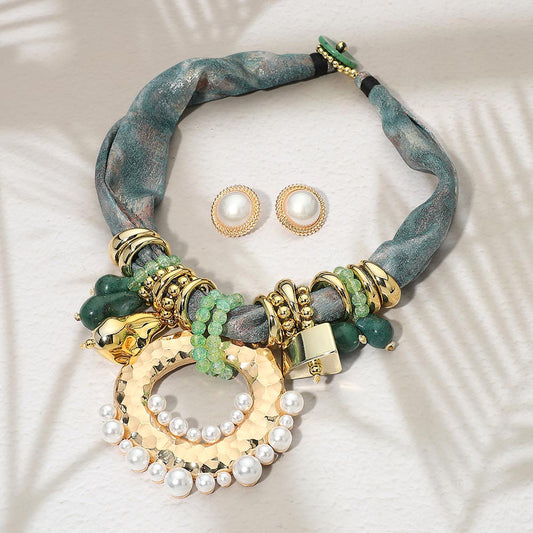 Bold Pearl Embellished Ring Multi Beaded Fabric Scarf Statement Necklace