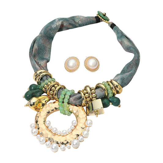 Bold Pearl Embellished Ring Multi Beaded Fabric Scarf Statement Necklace