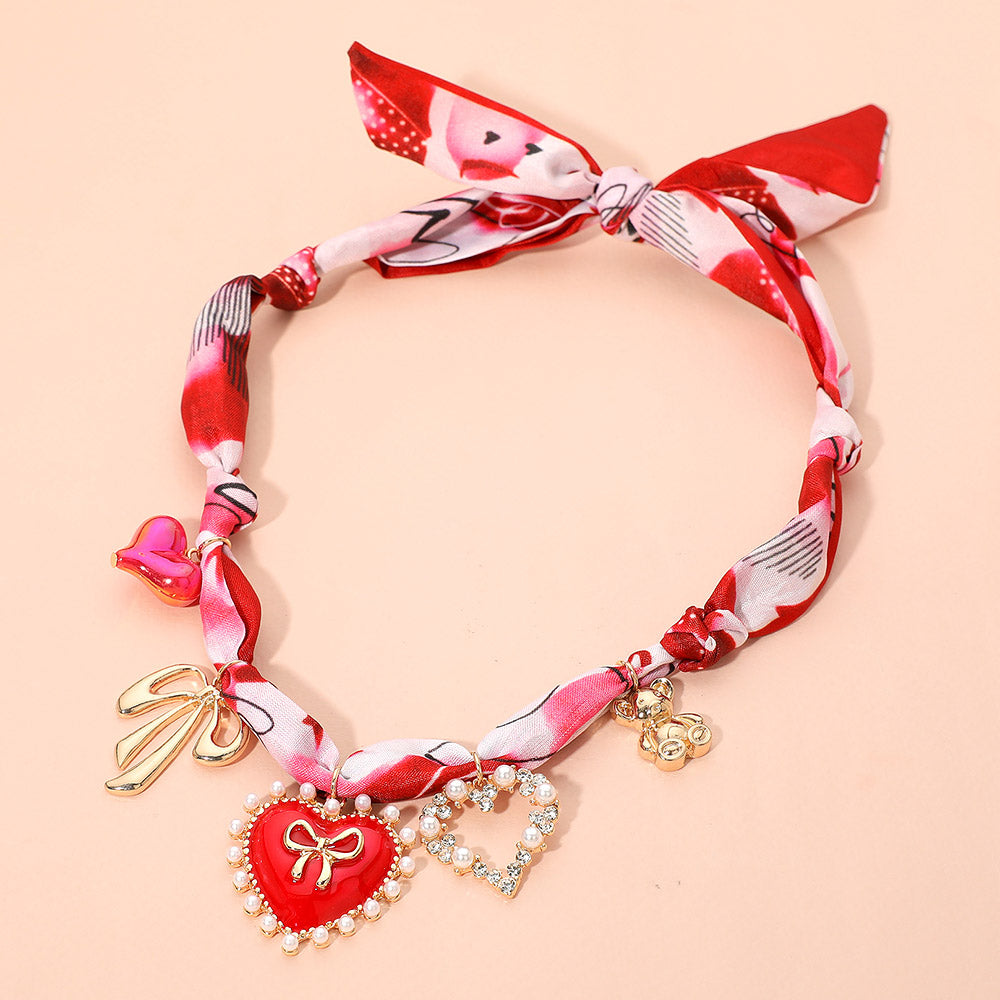 Heart Bow Teddy Bear Charm Valentine Fabric Scarf Necklace