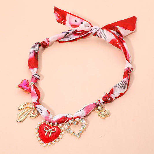 Heart Bow Teddy Bear Charm Valentine Fabric Scarf Necklace