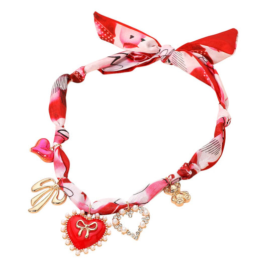 Heart Bow Teddy Bear Charm Valentine Fabric Scarf Necklace