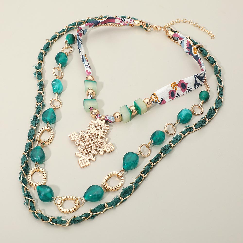 Mixed Charm Beaded Fabric Scarf Layered Necklace