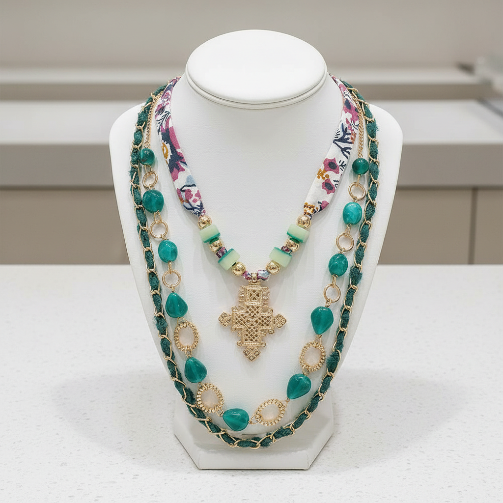 Mixed Charm Beaded Fabric Scarf Layered Necklace