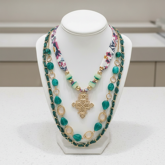 Mixed Charm Beaded Fabric Scarf Layered Necklace