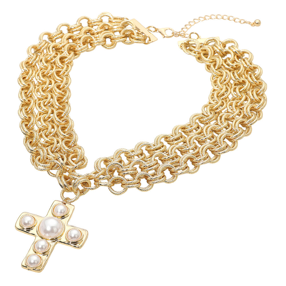 Bold Pearl Cross Pendant Accent Textured Metal Layered Chain Necklace