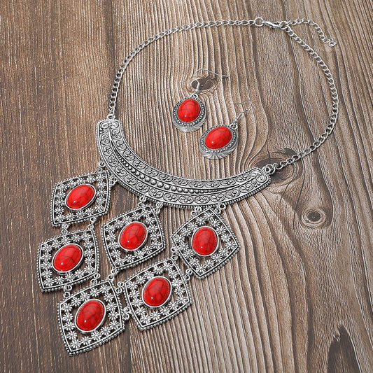 Bold Boho Vintage Inspired Oval Stone Statement Necklace Set