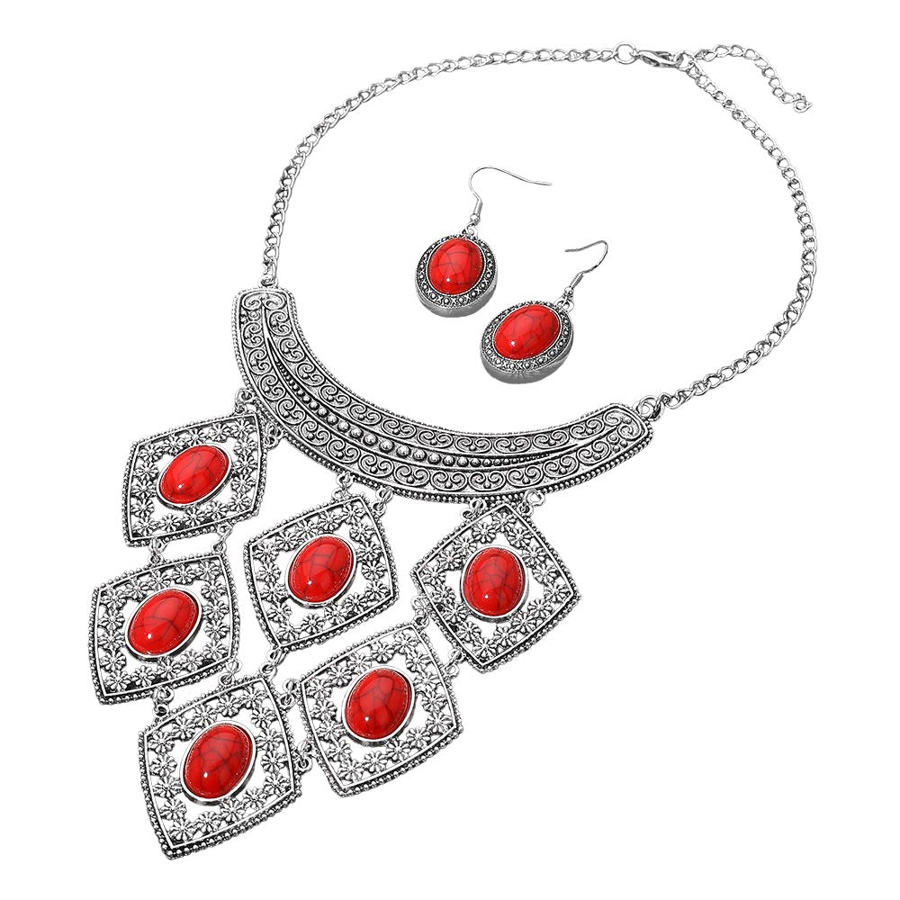 Bold Boho Vintage Inspired Oval Stone Statement Necklace Set