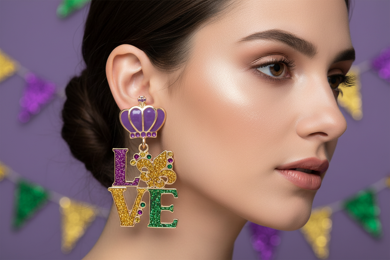 Woman wearing Mardi Gras color 'LOVE' earrings with a festive background. Celebrate in style with these glitter crown stud LOVE drop earrings featuring bold lettering, accented with beads and a fleur de lis. 