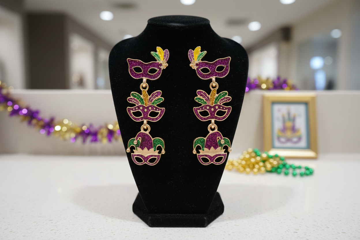 Mardi Gras-themed jester masquerade mask 3 tier earrings on a black display stand. 