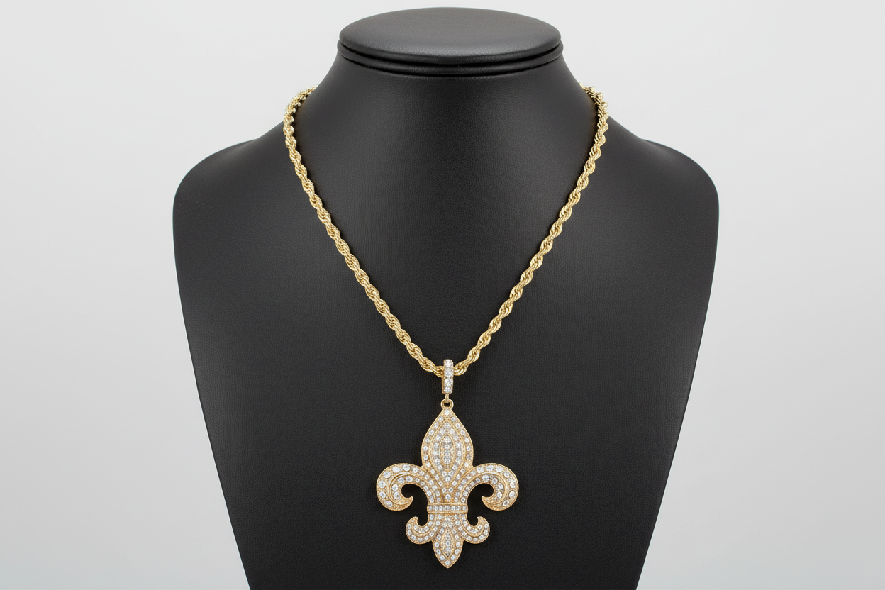 Shimmering fleur de lis charm pendant necklace. This piece is perfect for special occasions, evening looks, or gifting. The bold design and sparkling finish make it a standout accessory