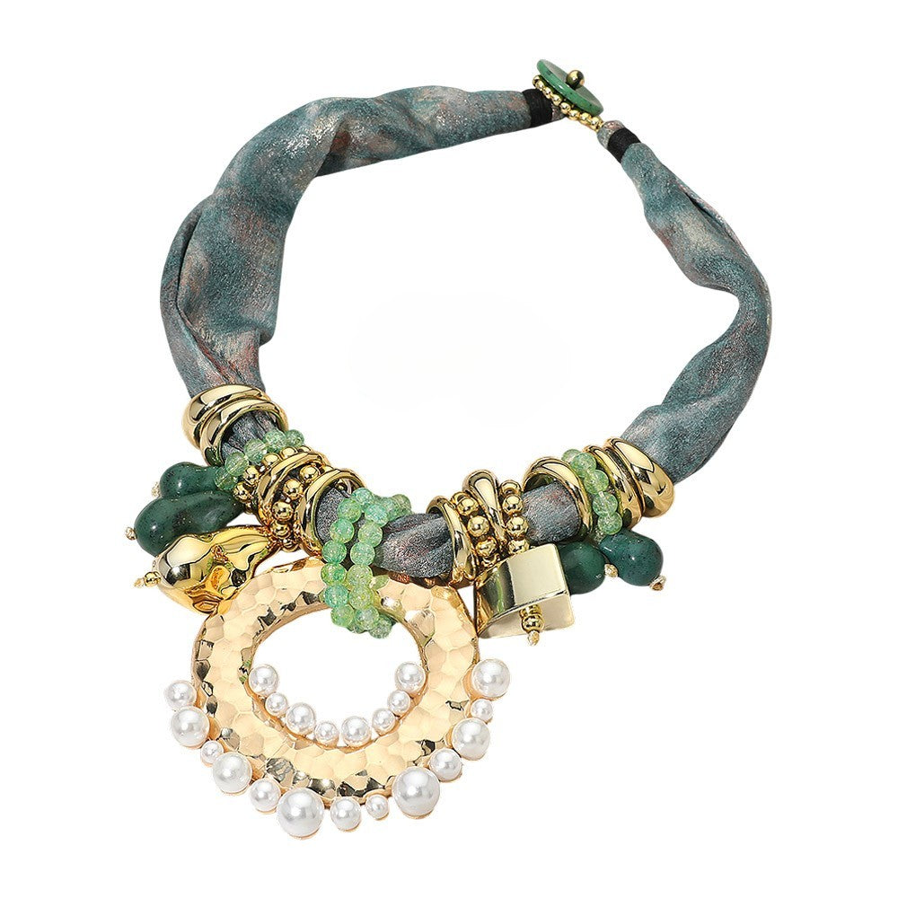 Bold Pearl Embellished Ring Multi Beaded Fabric Scarf Statement Necklace