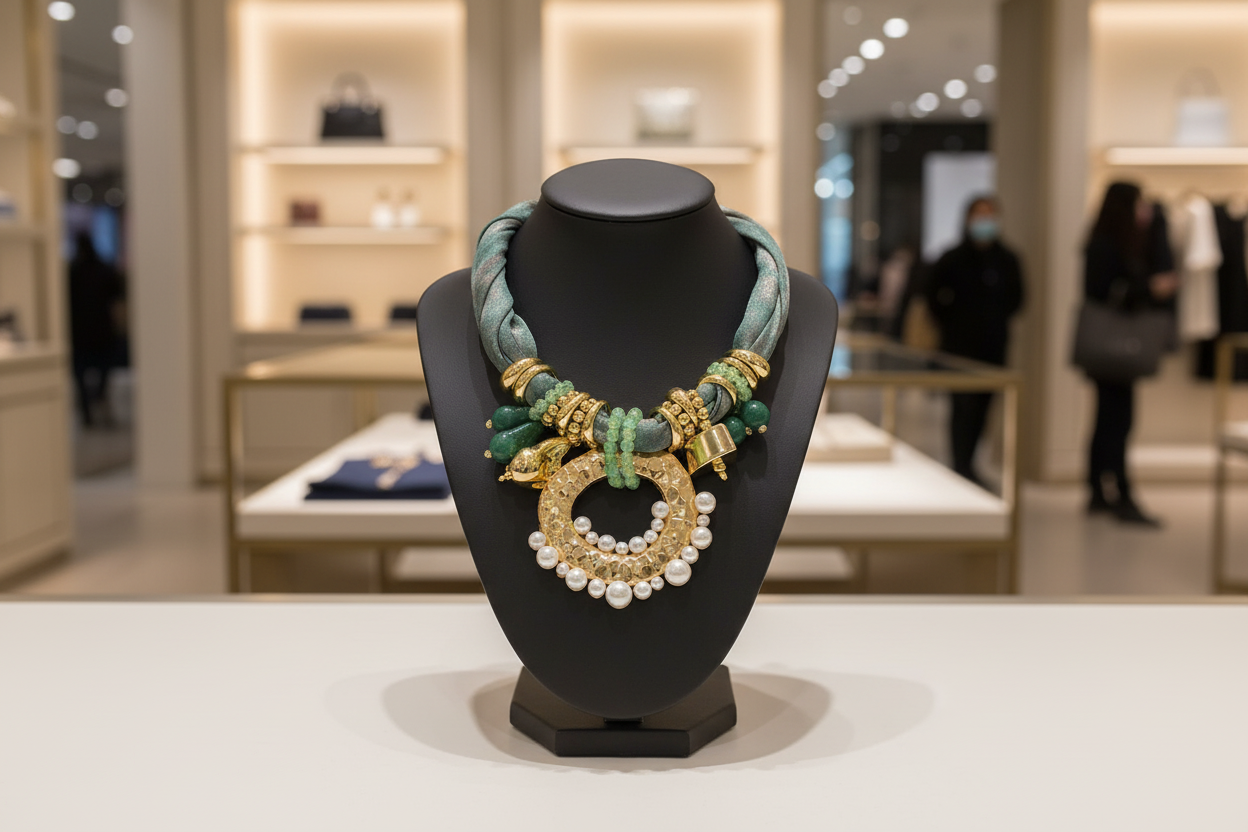 Bold Pearl Embellished Ring Multi Beaded Fabric Scarf Statement Necklace