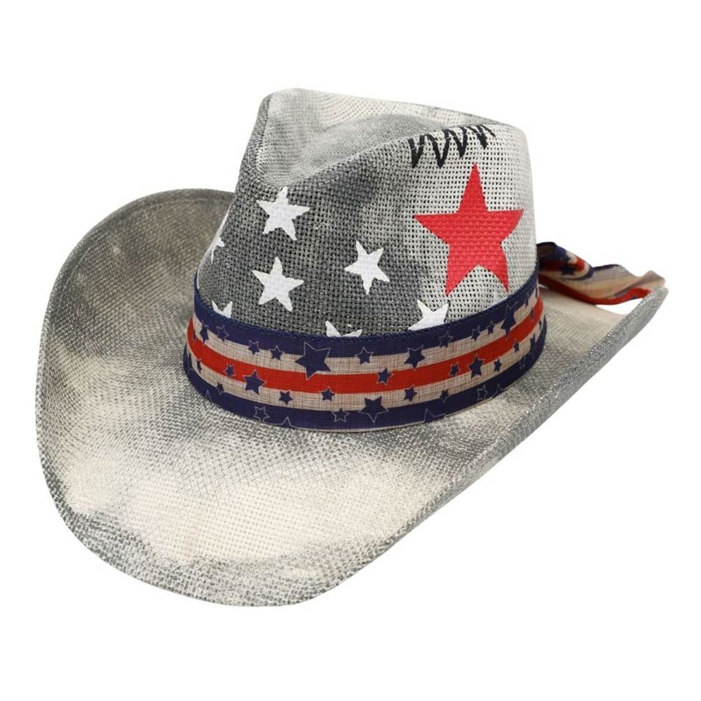American USA Stars Stripes Print Western Straw Cowboy Hat