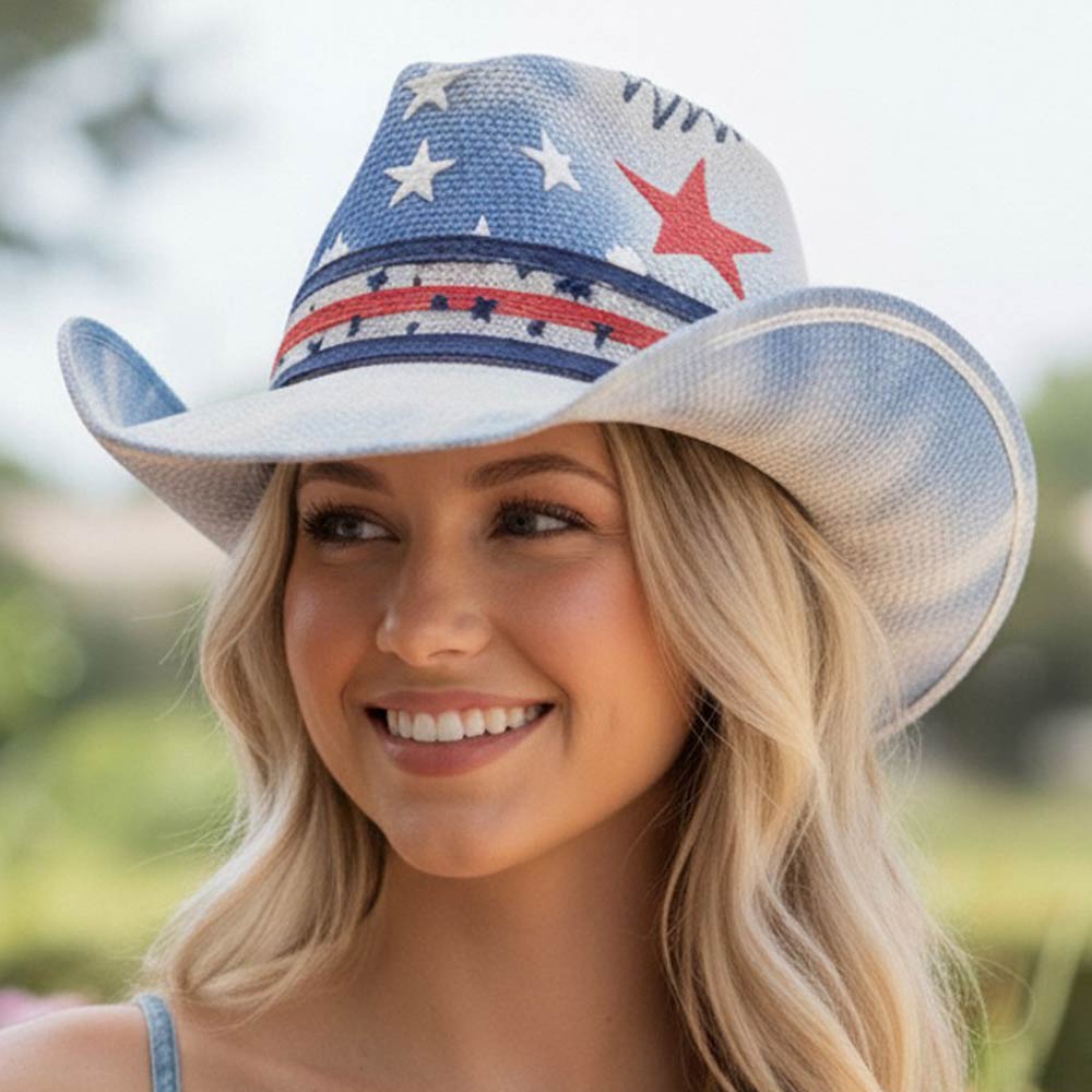 American USA Stars Stripes Print Western Straw Cowboy Hat