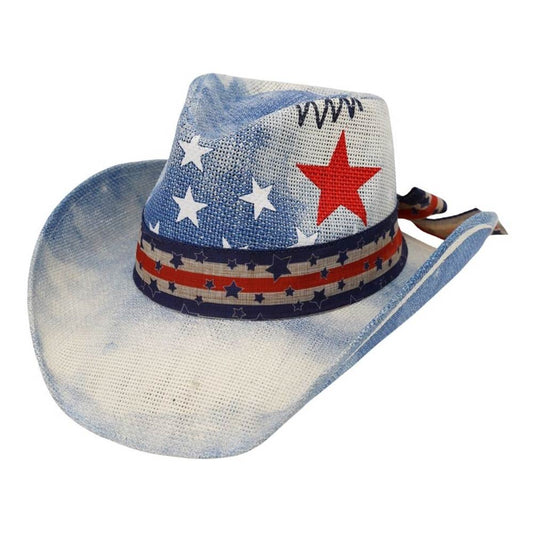 American USA Stars Stripes Print Western Straw Cowboy Hat