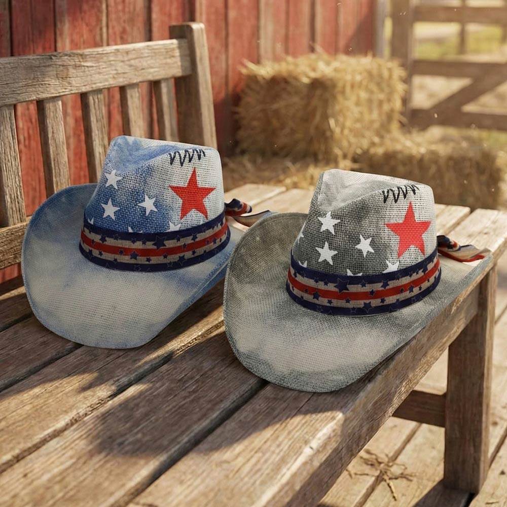 American USA Stars Stripes Print Western Straw Cowboy Hat