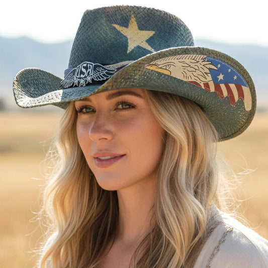 Brass Eagle USA Buckle Faux Leather Band American Flag Accent Distressed Western Cowboy Hat