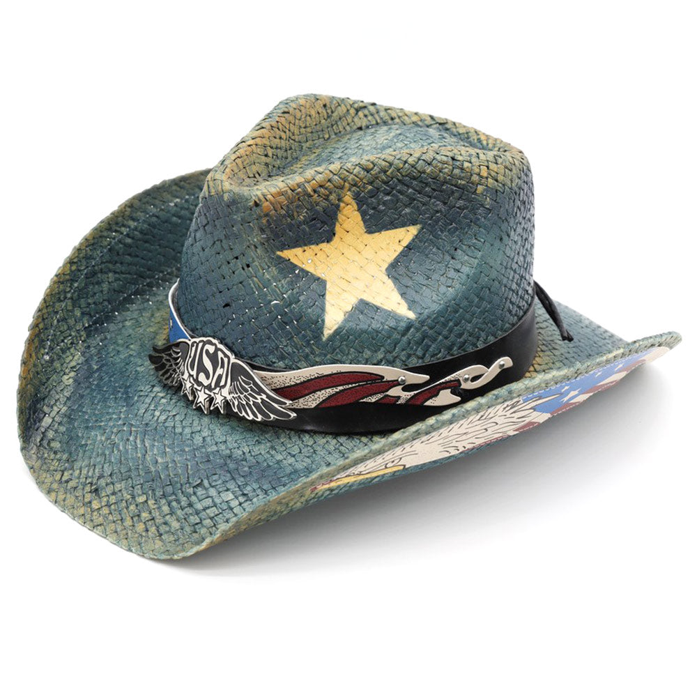 Brass Eagle USA Buckle Faux Leather Band American Flag Accent Distressed Western Cowboy Hat
