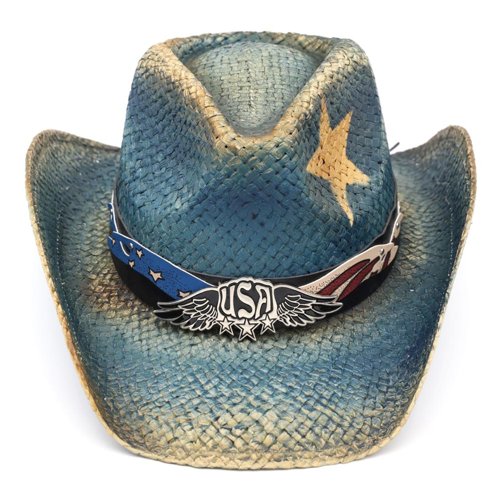 Brass Eagle USA Buckle Faux Leather Band American Flag Accent Distressed Western Cowboy Hat