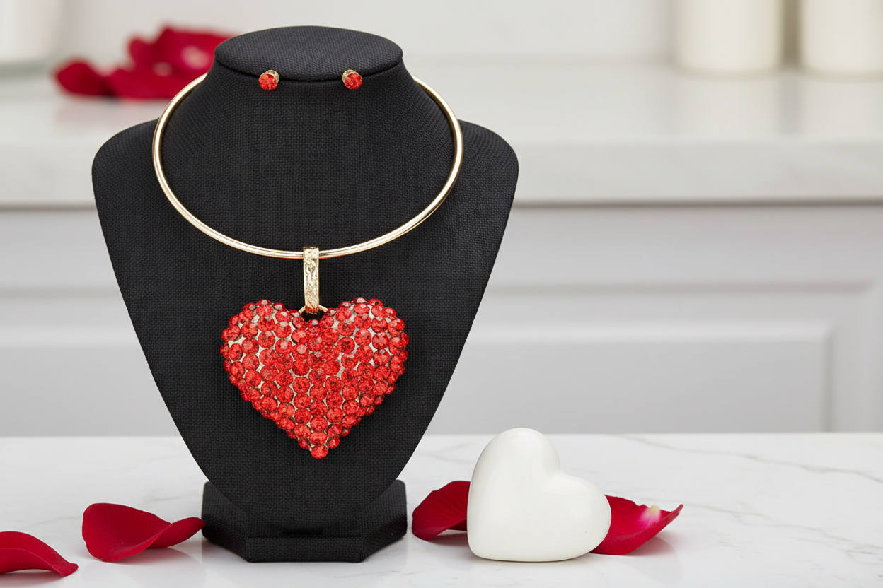 Red Heart Pendant Necklace & Stud Earrings Set – Romantic Statement Jewelry displayed on a black fabric bust 