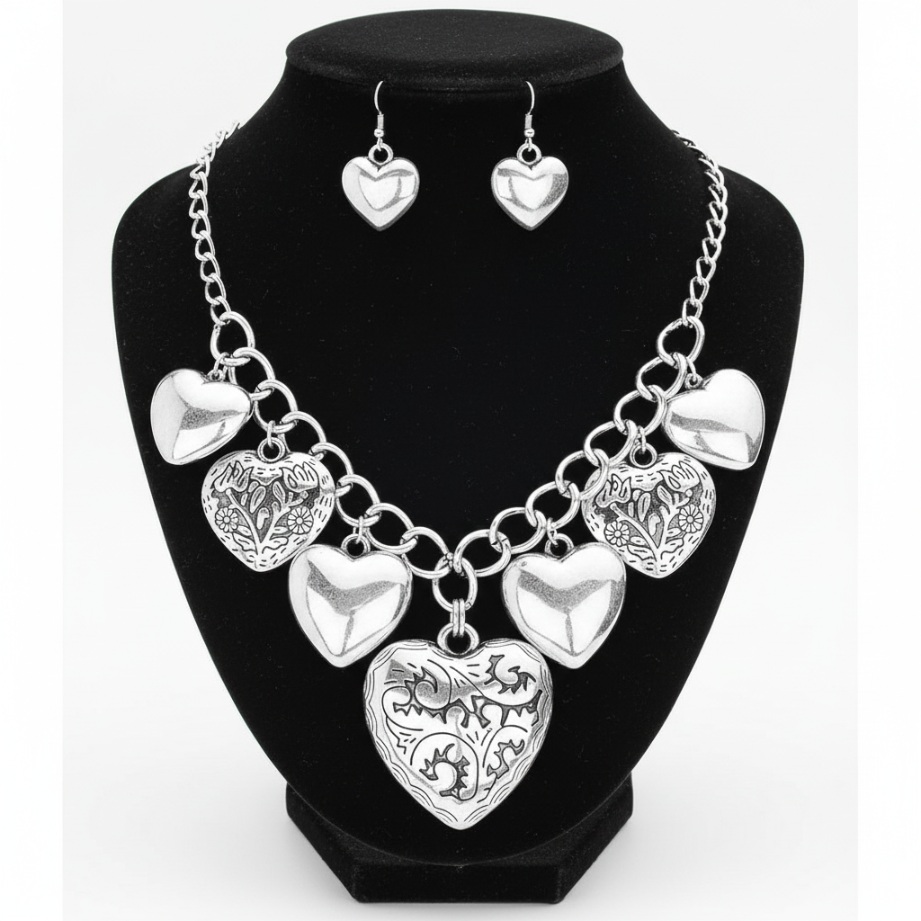 Multi Metal Heart Pendant Necklace & Earrings Set – Silver Tone Statement Jewelry