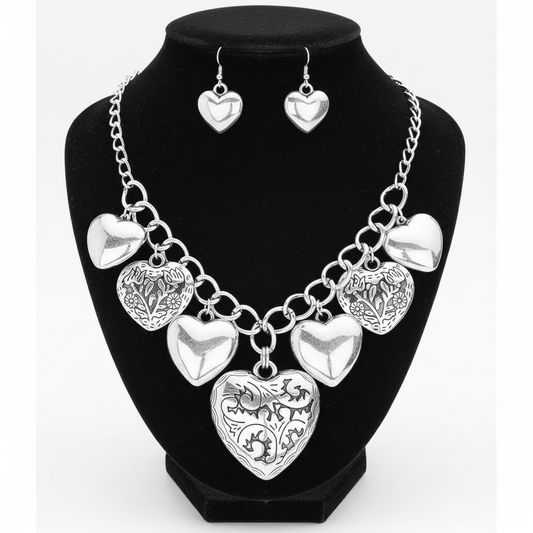 Multi Metal Heart Pendant Necklace & Earrings Set – Silver Tone Statement Jewelry