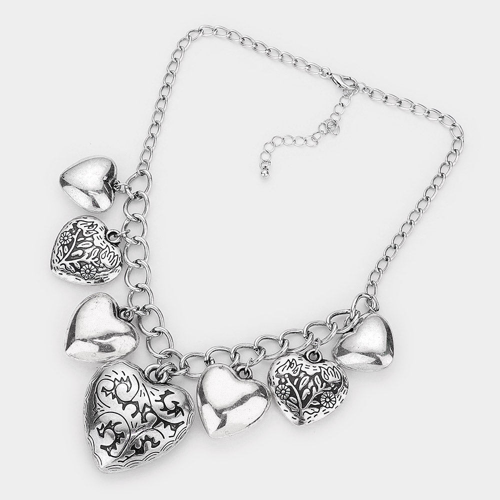 Multi Metal Heart Pendant Necklace & Earrings Set – Silver Tone Statement Jewelry