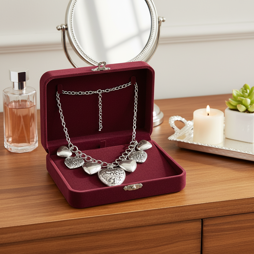 Multi Metal Heart Pendant Necklace & Earrings Set – Silver Tone Statement Jewelry