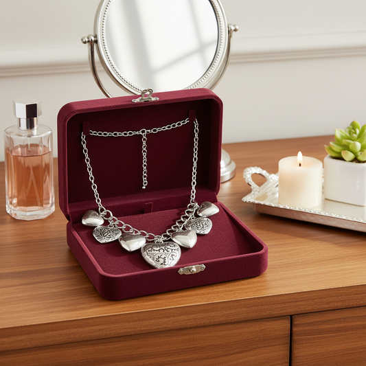 Multi Metal Heart Pendant Necklace & Earrings Set – Silver Tone Statement Jewelry