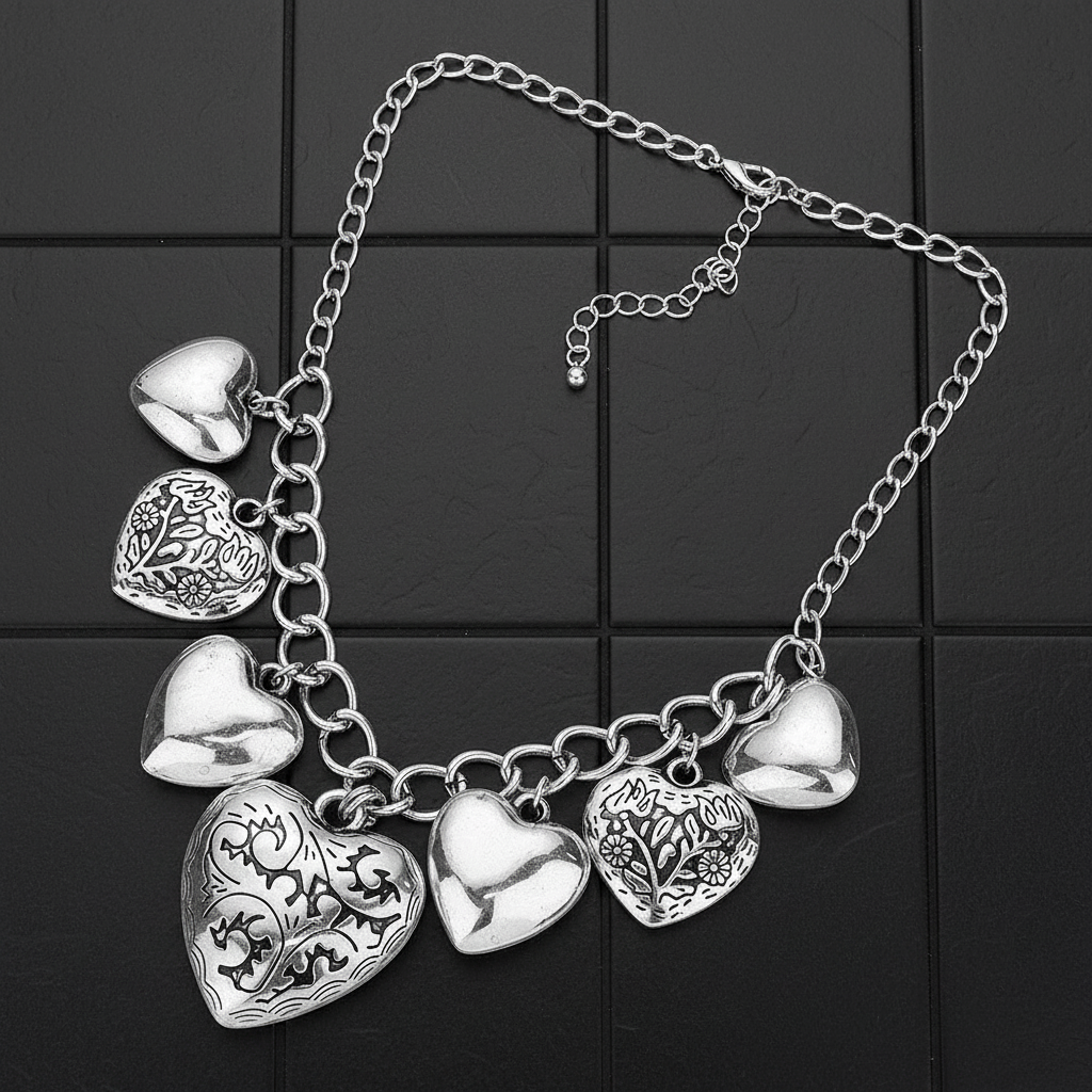 Multi Metal Heart Pendant Necklace & Earrings Set – Silver Tone Statement Jewelry